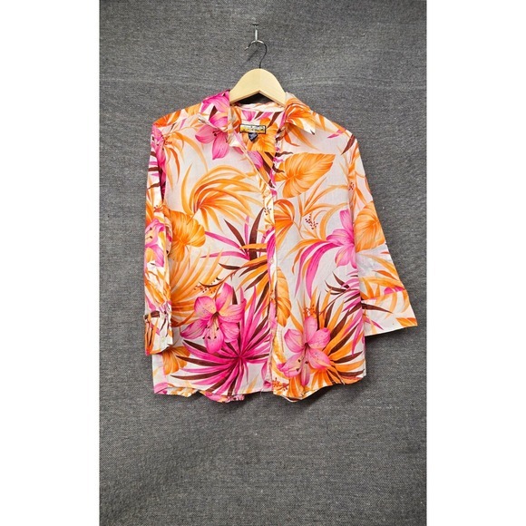 Havana Jack'S Cafe Tops - Havana Jacks Womens Large Tropical Floral‎ Cotton Button Up Shirt Pink Orange